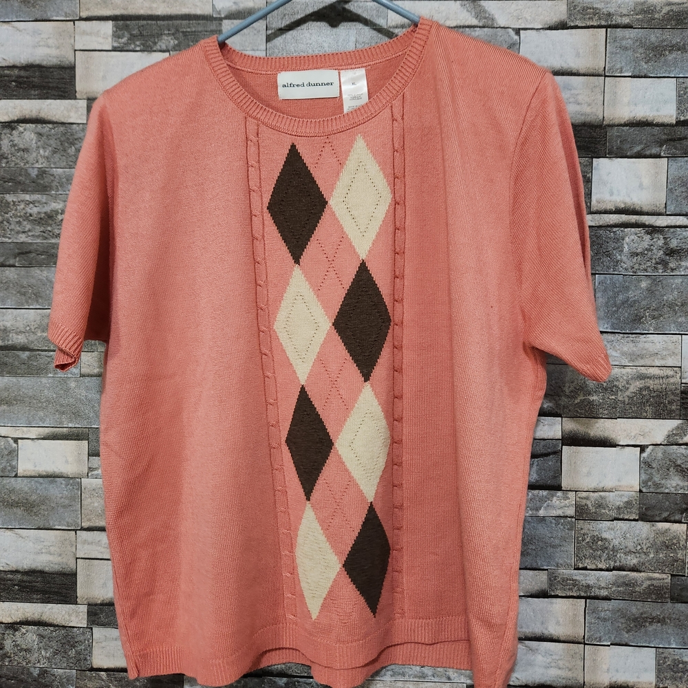 Alfred Dunner Coral Argyle Short Sleeve Shirt